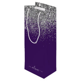 Purple Silver Glitter Girly Glam Monogram  Wine Gift Bag
