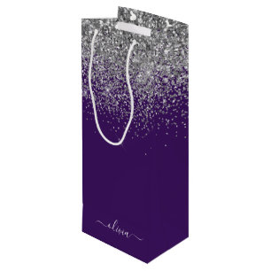 Purple Silver Glitter Girly Glam Monogram  Wine Gift Bag