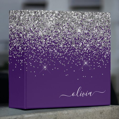 Purple Silver Glitter Girly Monogram Name 3 Ring Binder