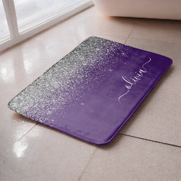 Purple Silver Glitter Girly Monogram Name Bath Mat