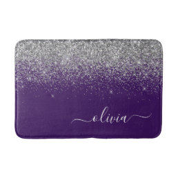 Purple Silver Glitter Girly Monogram Name Bath Mat