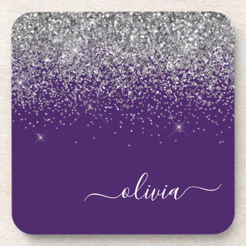 Purple Silver Glitter Girly Monogram Name Beverage Coaster