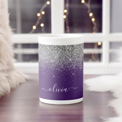 Purple Silver Glitter Girly Monogram Name Bone China Mug