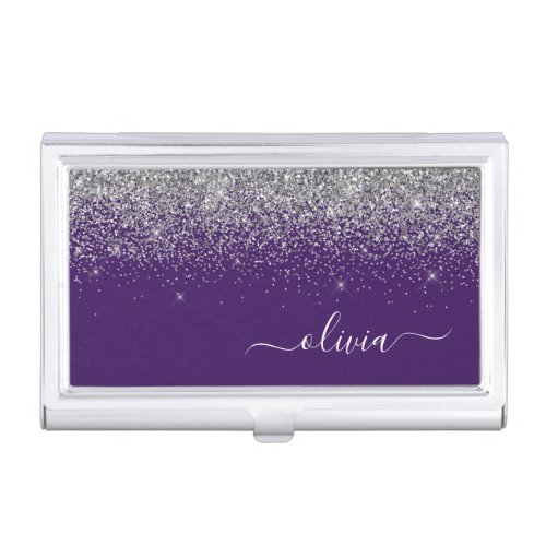 Purple Silver Glitter Girly Monogram Name Business Card Case