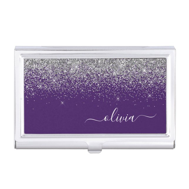 Purple Silver Glitter Girly Monogram Name Business Card Case (Front)