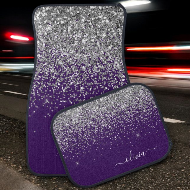 Purple Silver Glitter Girly Monogram Name Car Floor Mat (Creator Uploaded)