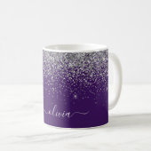 Purple Silver Glitter Girly Monogram Name Coffee Mug (Front Right)
