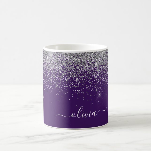 Purple Silver Glitter Girly Monogram Name Coffee Mug (Center)