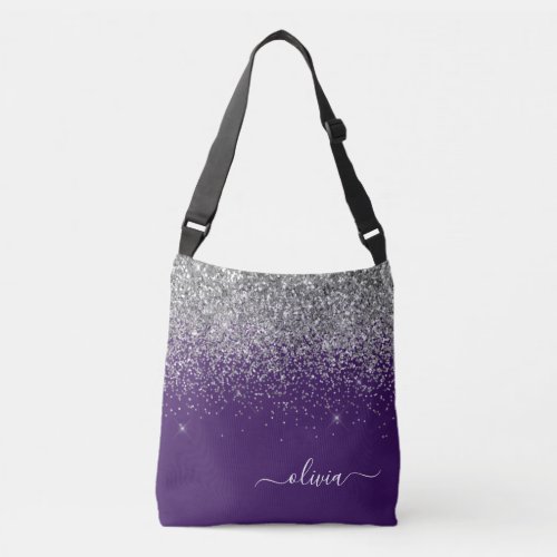 Purple Silver Glitter Girly Monogram Name Crossbody Bag