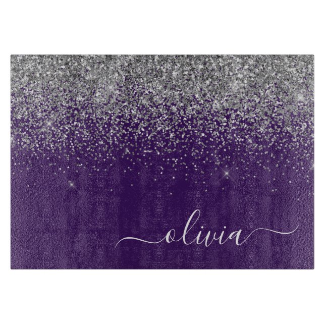 Purple Silver Glitter Girly Monogram Name Cutting Board (Front)