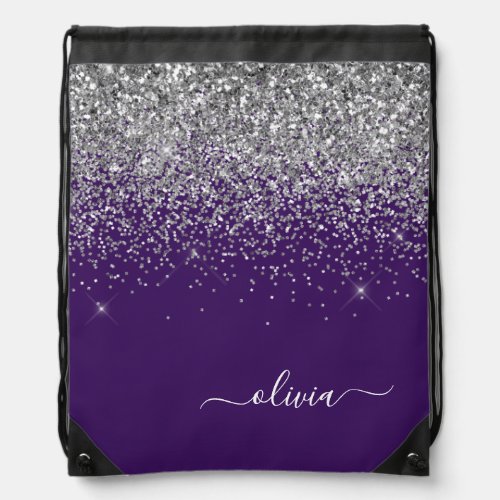 Purple Silver Glitter Girly Monogram Name Drawstring Bag