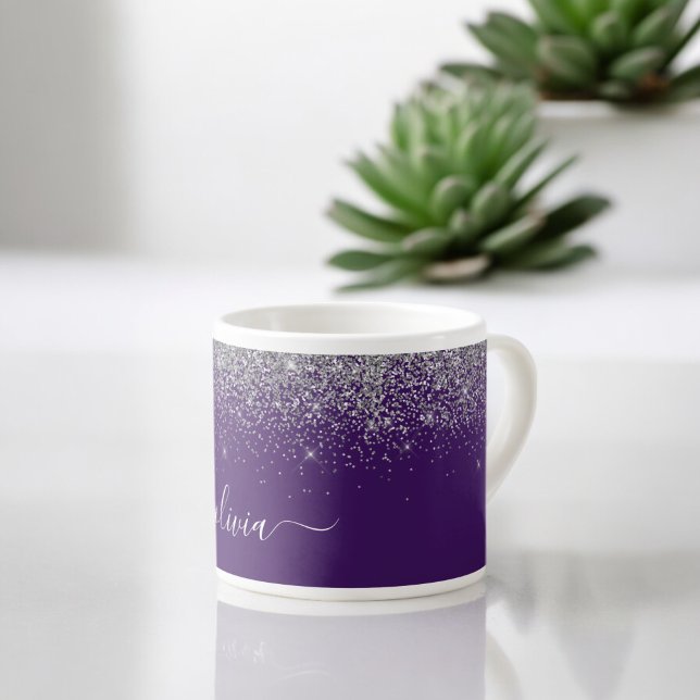 Purple Silver Glitter Girly Monogram Name Espresso Cup (Creator Uploaded)