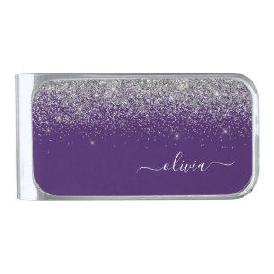 Purple Silver Glitter Girly Monogram Name Finish Money Clip