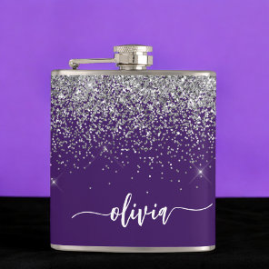 Purple Silver Glitter Girly Monogram Name Flask