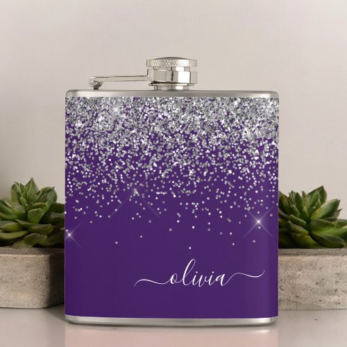 Purple Silver Glitter Girly Monogram Name Flask