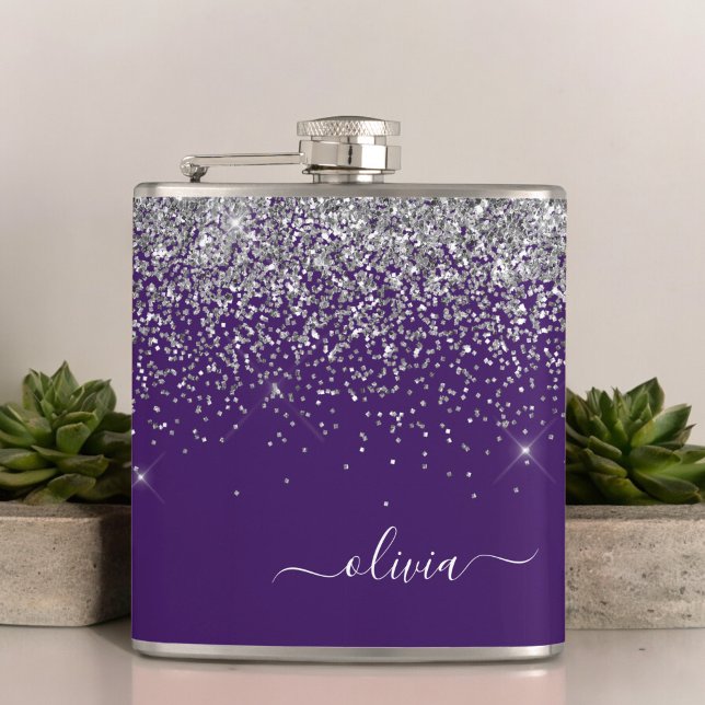 Purple Silver Glitter Girly Monogram Name Flask (Creator Uploaded)