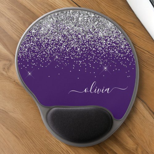 Purple Silver Glitter Girly Monogram Name Gel Mouse Pad