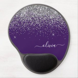 Purple Silver Glitter Girly Monogram Name Gel Mouse Pad