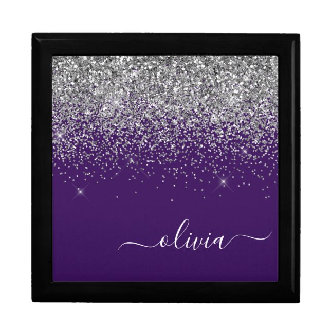 Purple Silver Glitter Girly Monogram Name Gift Box (Front)