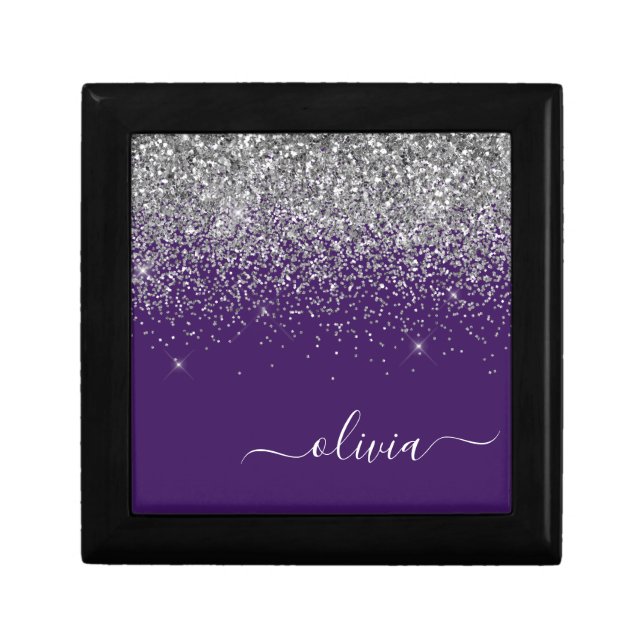 Purple Silver Glitter Girly Monogram Name Gift Box (Front)