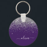 Purple Silver Glitter Girly Monogram Name Keychain<br><div class="desc">Purple and Silver Sparkle Glitter Script Monogram Name Keychains (Key Chain). This makes the perfect sweet 16 birthday,  wedding,  bridal shower,  anniversary,  baby shower or bachelorette party gift for someone that loves glam luxury and chic styles.</div>