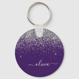 Purple Silver Glitter Girly Monogram Name Keychain