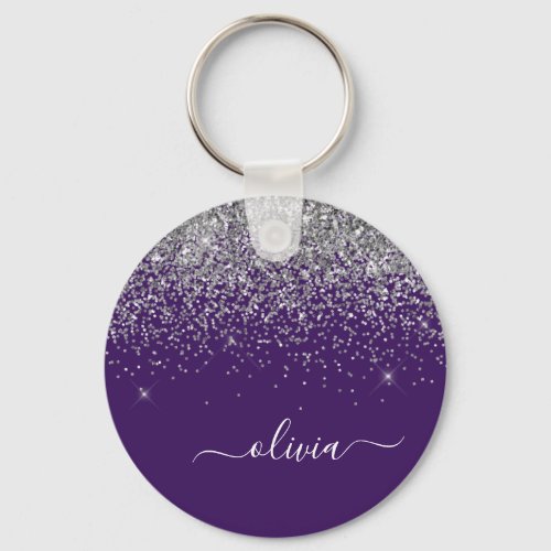 Purple Silver Glitter Girly Monogram Name Keychain