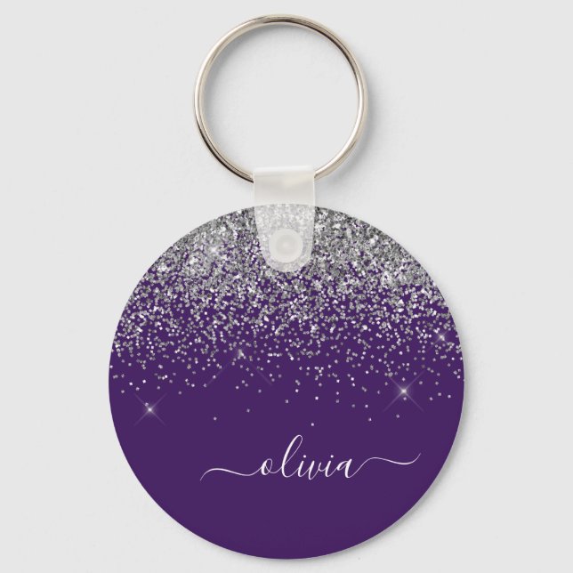 Purple Silver Glitter Girly Monogram Name Keychain (Front)