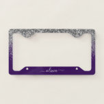 Purple Silver Glitter Girly Monogram Name License Plate Frame<br><div class="desc">Silver and Purple Sparkle Glitter Monogram Name License Plate Frame. This makes the perfect sweet 16 birthday,  wedding,  bridal shower,  anniversary,  graduation or bachelorette party gift for someone that loves glam luxury and chic styles.</div>