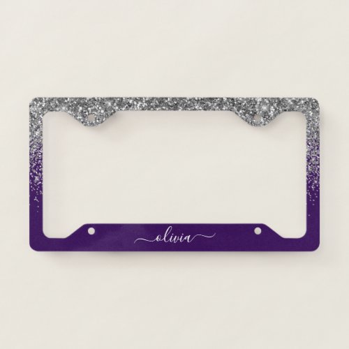 Purple Silver Glitter Girly Monogram Name License Plate Frame