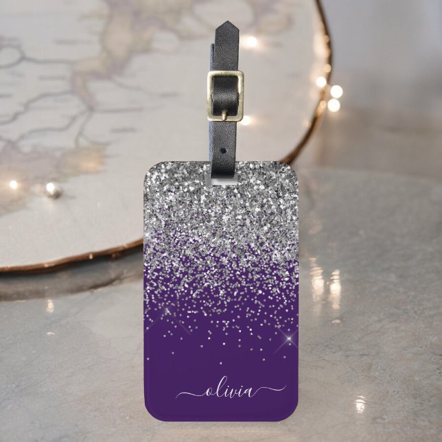 Purple Silver Glitter Girly Monogram Name Luggage Tag (Creator Uploaded)