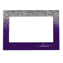 Purple Silver Glitter Girly Monogram Name Magnetic Frame