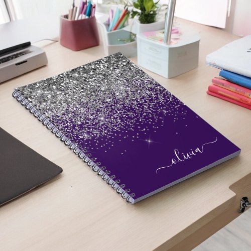 Purple Silver Glitter Girly Monogram Name Notebook