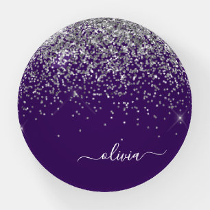 Purple Silver Glitter Girly Monogram Name Paperweight