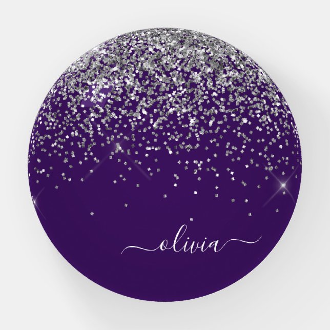 Purple Silver Glitter Girly Monogram Name Paperweight (Front)