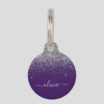 Purple Silver Glitter Girly Monogram Name Pet ID Tag
