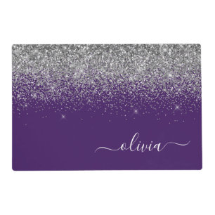 Purple Silver Glitter Girly Monogram Name Placemat