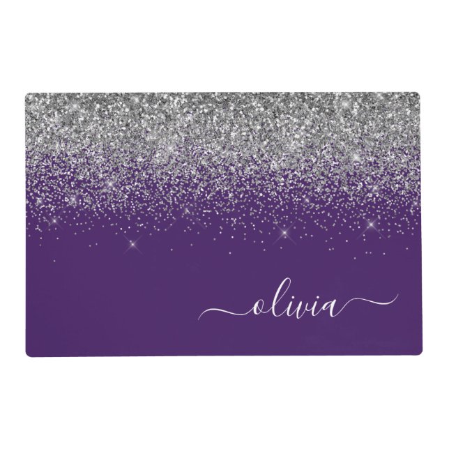 Purple Silver Glitter Girly Monogram Name Placemat (Front)