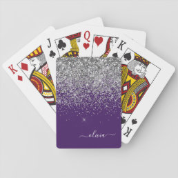 Purple Silver Glitter Girly Monogram Name Playing Cards