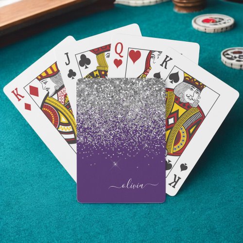 Purple Silver Glitter Girly Monogram Name Poker Cards