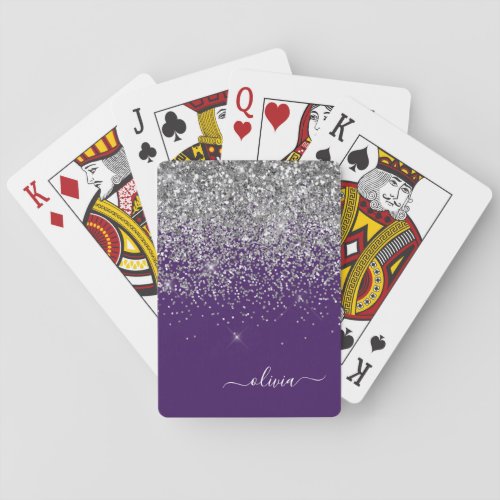 Purple Silver Glitter Girly Monogram Name Poker Cards