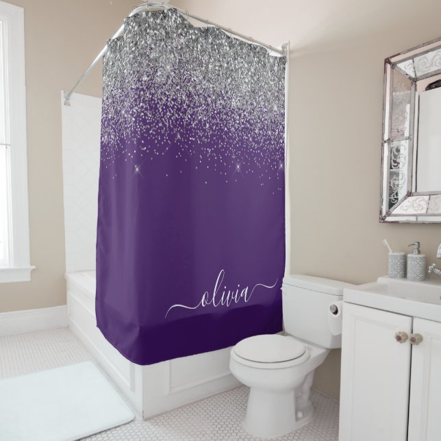 Purple Silver Glitter Girly Monogram Name Shower Curtain (In Situ)