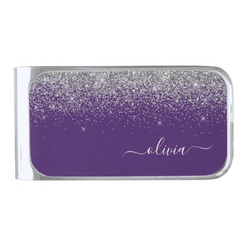 Purple Silver Glitter Girly Monogram Name Silver Finish Money Clip