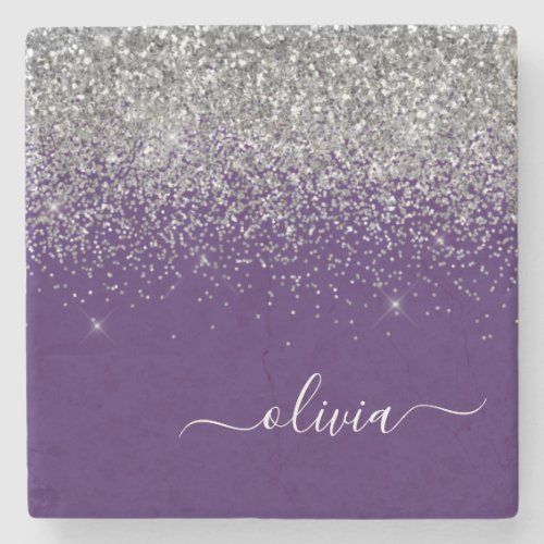 Purple Silver Glitter Girly Monogram Name Stone Coaster
