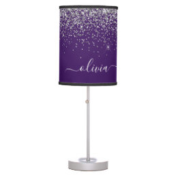 Purple Silver Glitter Girly Monogram Name Table Lamp