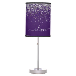 Purple Silver Glitter Girly Monogram Name Table Lamp