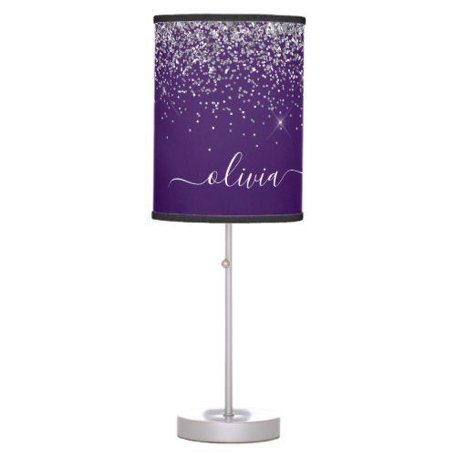 Purple Silver Glitter Girly Monogram Name Table Lamp