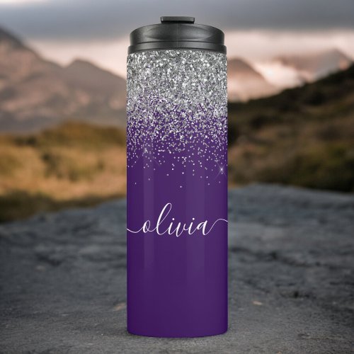 Purple Silver Glitter Girly Monogram Name Thermal Tumbler