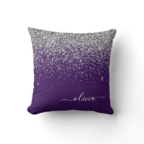 Purple Silver Glitter Girly Monogram Name Throw Pillow