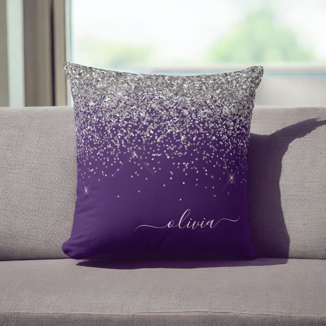 Purple Silver Glitter Girly Monogram Name Throw Pillow (Creator Uploaded)